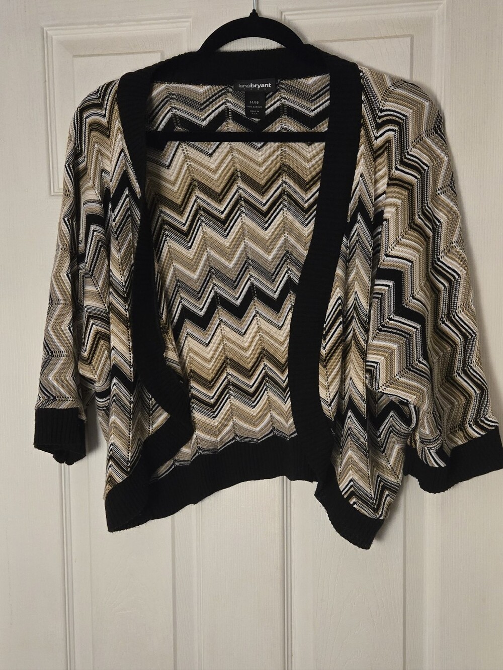 Lane Bryant Black and Beige Chevron Open-Front Cardigan